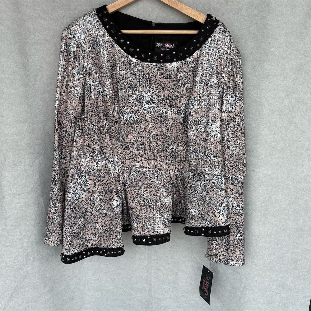 Terramina Women's Sequin Peplum Blouse Multicolor Size 14 Party Top